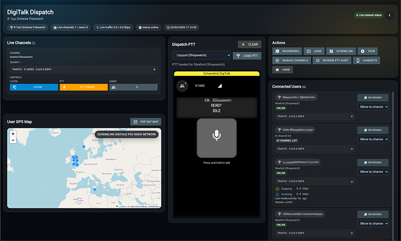 Schemelink DigiTalk Dispatch Console with live channels, map and dispatch controls